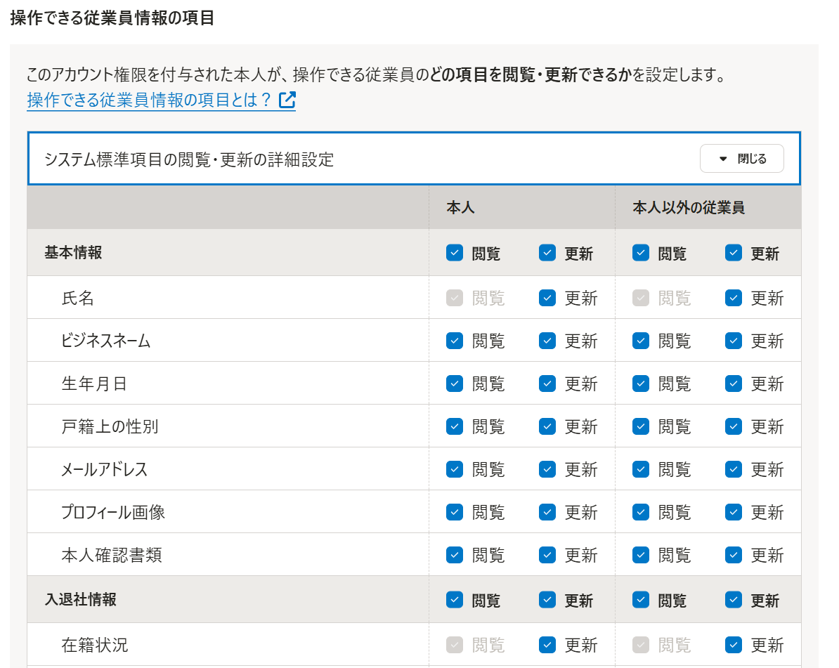 操作できる従業員情報画面