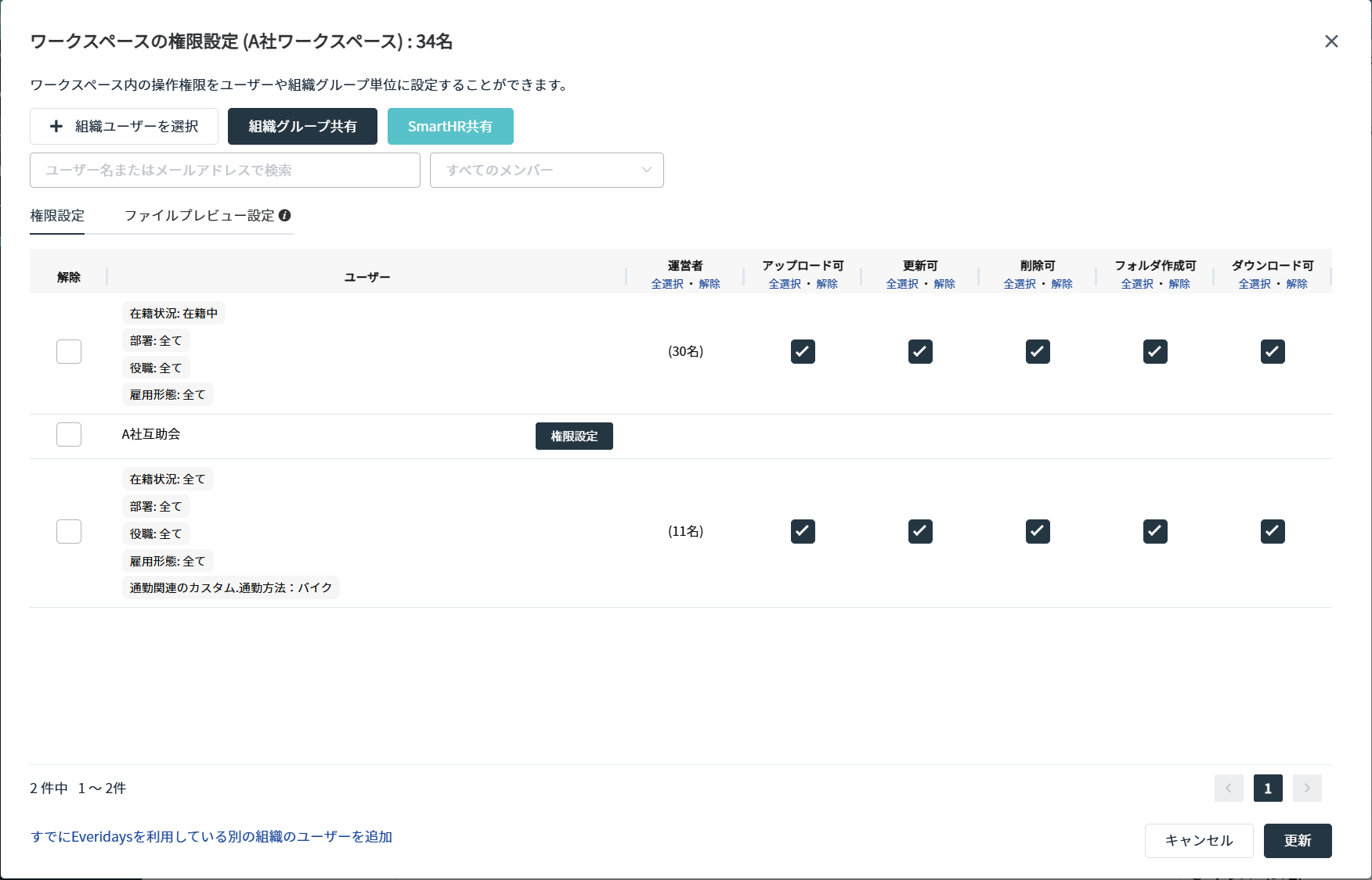 条件ごとにアクセス権限を設定する画面